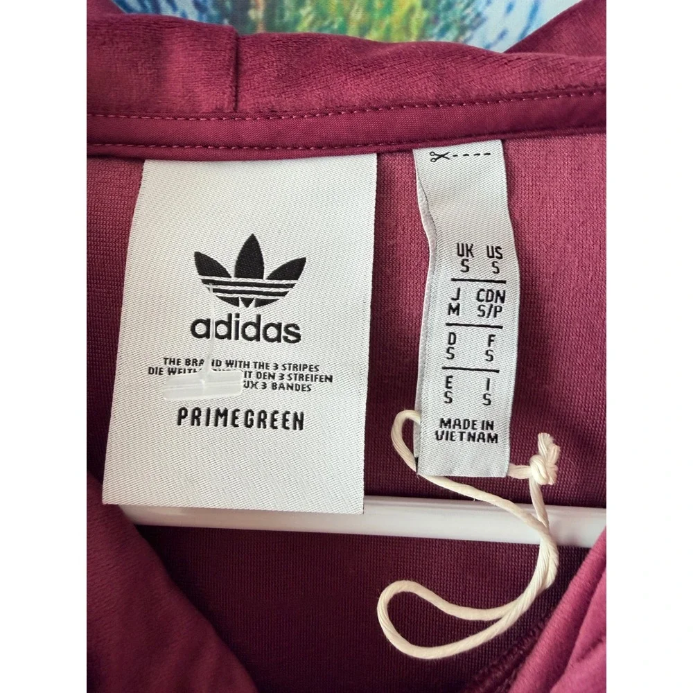 Adidas Velour Hoodie Small Maroon Trefoil Gold Zip Recycled Polyester